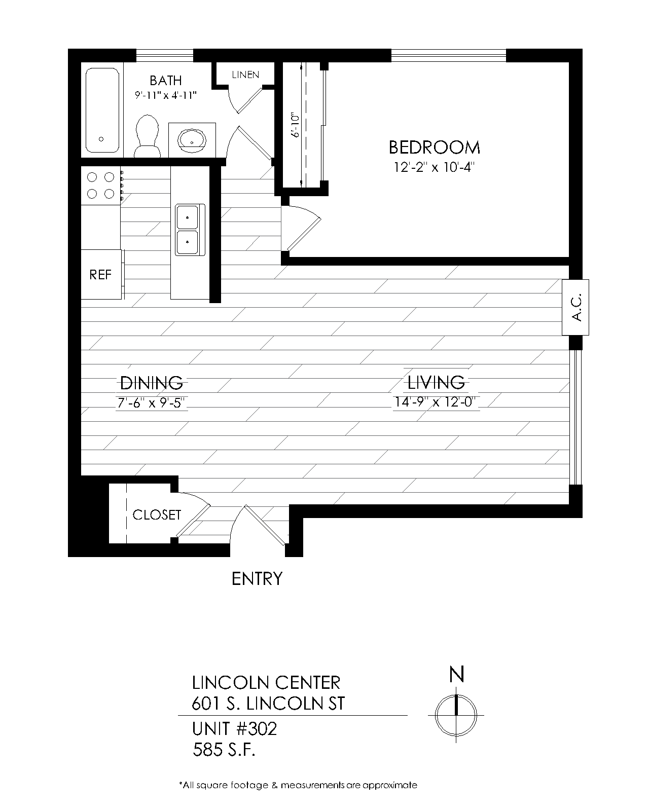 Floor plan for 1 bed, 1 bath, 585 sqft